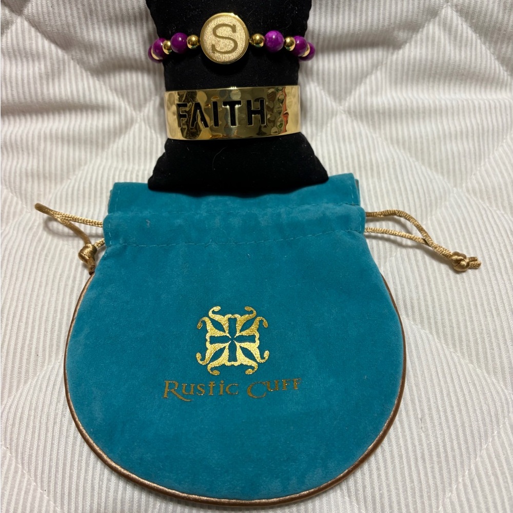 Rustic Cuff Gold and Purple Faith Bracelet Duo Letter “S” on beaded bracelet.